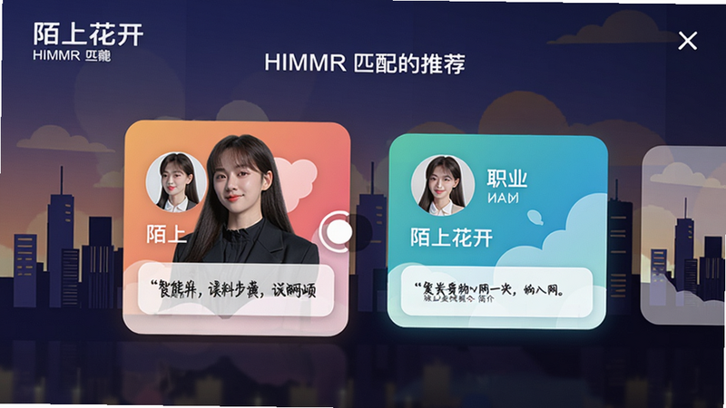 陌上花开HIMMR匹配推荐页面,展示两张人物卡片滑动效果,背景为城市剪影,卡片上显示头像、职业和一句话简介,色彩明快,突出智能推荐功能