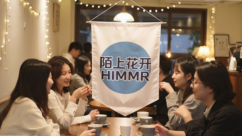 陌上花开HIMMR线下活动照片,一群人围坐在灯光温馨的咖啡馆里交流,画面中央有陌上花开HIMMR logo 旗帜,氛围轻松愉快,突出真实社交场景
