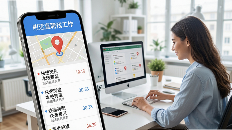 附近直聘找工作职场招聘背景,手机界面显示附近岗位列表,地图定位图标,人物在办公桌前浏览,色调明亮清晰,突出快速匹配与本地化服务