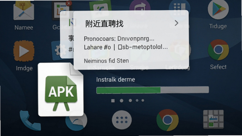 附近直聘找工作手机安装界面示意图,背景为安卓桌面,APK文件图标醒目,旁边有安装进度条,上方显示权限请求弹窗,风格写实