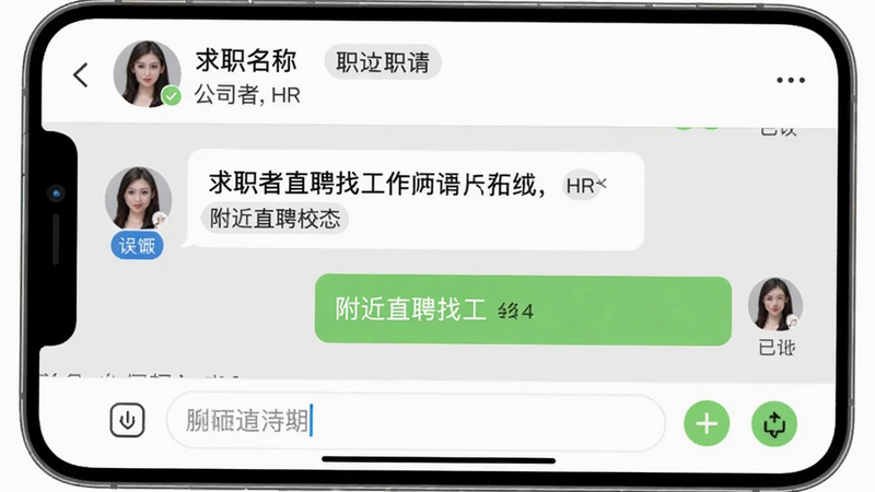 附近直聘找工作聊天界面,求职者与HR对话气泡,显示已读状态,底部输入框,上方有公司名称和职位标签