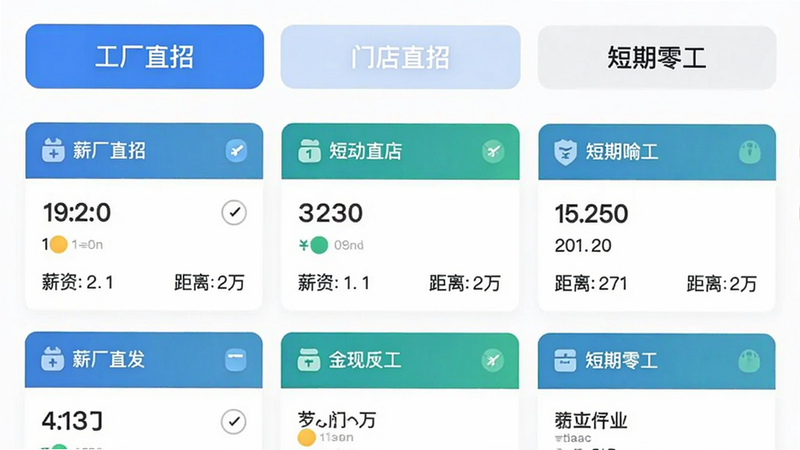 附近直聘找工作职位分类页面,上方三个标签卡:工厂直招、门店直招、短期零工,下方列表显示多个岗位卡片,包含薪资和距离信息