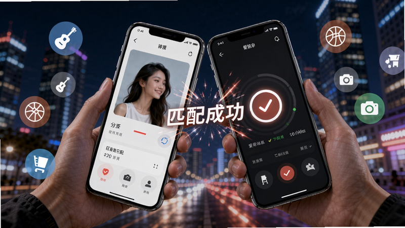 附近有爱智能匹配界面,两个手机屏幕靠近,中间显示“匹配成功”特效,背景是城市夜景,灯光闪烁,周围有各种兴趣图标(吉他、篮球、相机),画面动感时尚。