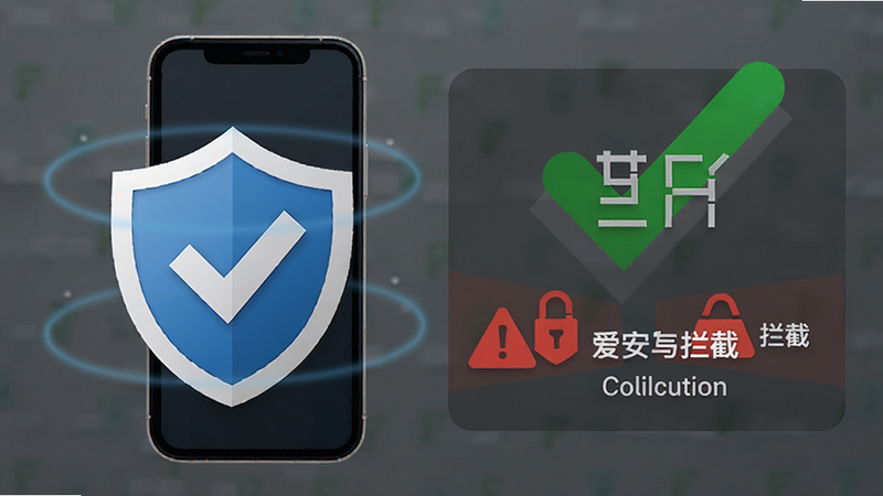 附近有爱安全防护界面,盾牌图标围绕手机,背景有绿色对勾和红色警告,表示审核通过与拦截,风格简洁严肃。
