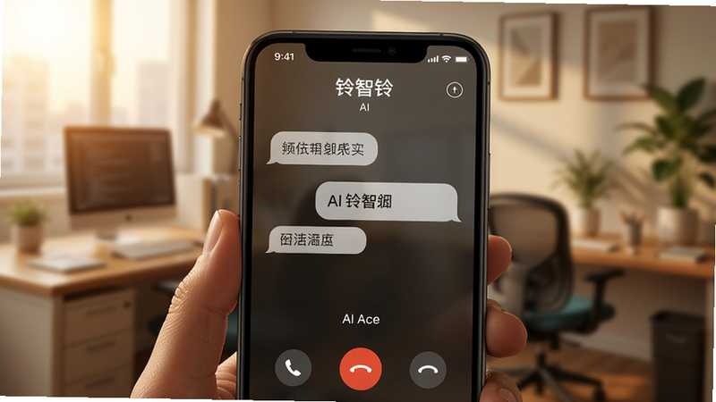 铃智铃AI接听界面展示,手机屏幕上显示通话中,AI语音转文字气泡,背景为办公室场景,画面主体为手机特写,色调温暖,细节清晰