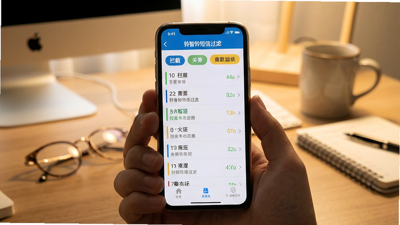 铃智铃短信过滤界面,手机屏幕展示拦截列表,分类标签清晰,背景为室内书桌,画面主体为手机,色调柔和
