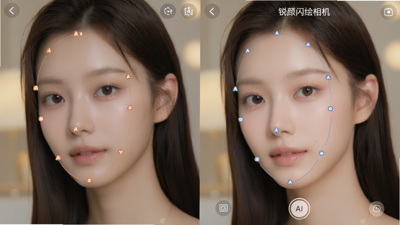 锐颜闪绘相机的美颜功能界面,左侧为原始照片,右侧为美颜后效果,皮肤细腻,五官精致,面部有AI识别点标注,背景柔和,展示自然美颜效果。