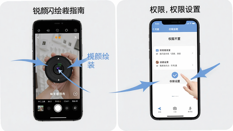 锐颜闪绘相机使用指南示意图,显示手机安装步骤和权限设置界面,箭头标注关键操作,背景为浅灰色,风格简洁明了。