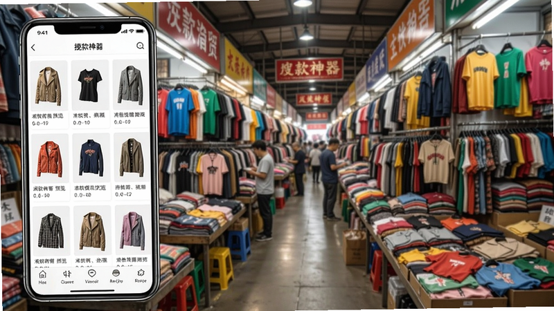 搜款神器海量货源预览图,手机屏幕显示服装商品列表,背景是繁忙的批发市场档口,商品细节清晰,色彩鲜艳