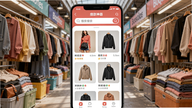 搜款神器手机应用主界面,展示搜索栏和商品瀑布流,背景为时尚服装批发市场,色彩明亮,细节丰富,适合Boogu模型生成