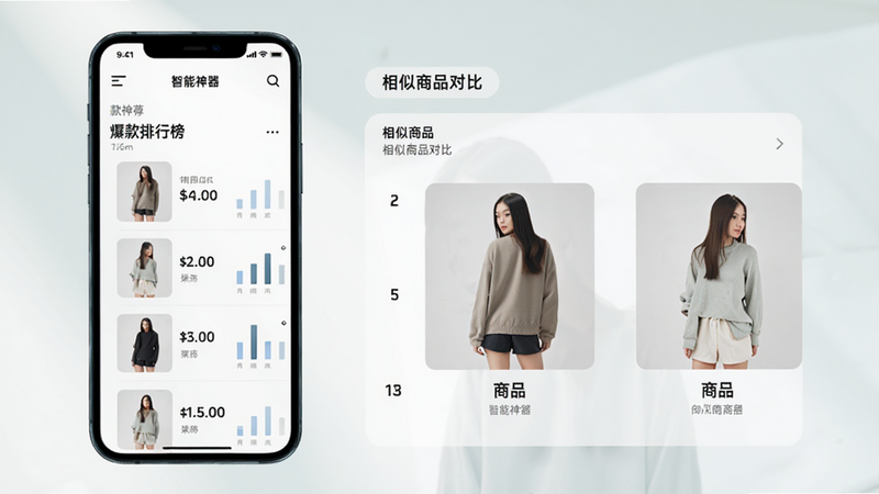 搜款神器智能推荐界面,展示爆款排行榜和相似商品对比,手机界面干净,数据图表简洁明了,背景柔和