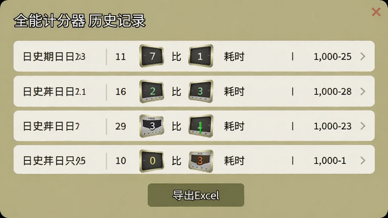 全能计分器历史记录界面截图,显示多条比赛记录,每条有日期、比分、耗时,底部有“导出Excel”按钮,背景为柔和的卡其色,界面干净整洁。