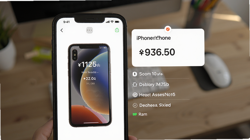 收啦回收App的智能估价界面截图,屏幕中央显示一台旧iPhone的识别结果,旁边列出估价金额和各项细节,背景为虚化的桌面,UI界面清晰简洁,现代扁平风