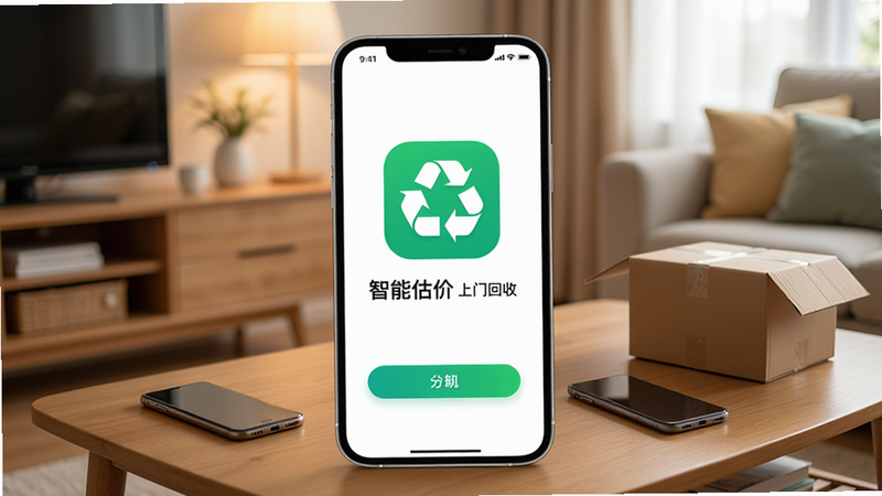 画面中央是收啦回收App的启动界面,展示品牌logo和“智能估价 上门回收”标语,背景为温馨的家庭客厅,茶几上摆放着旧手机和纸箱,光线柔和,摄影风格,清晰写实