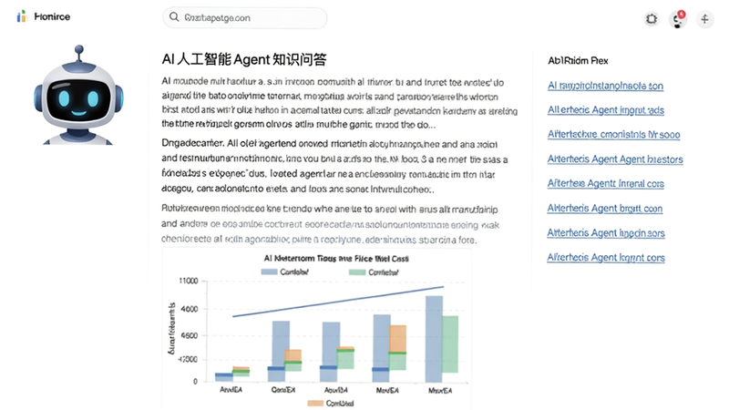 AI人工智能Agent知识问答界面,显示一个问题答案页面,包含文字段落和图表,页面布局清晰,左侧有机器人头像,右侧列出相关链接,背景为白色,整体风格简洁专业