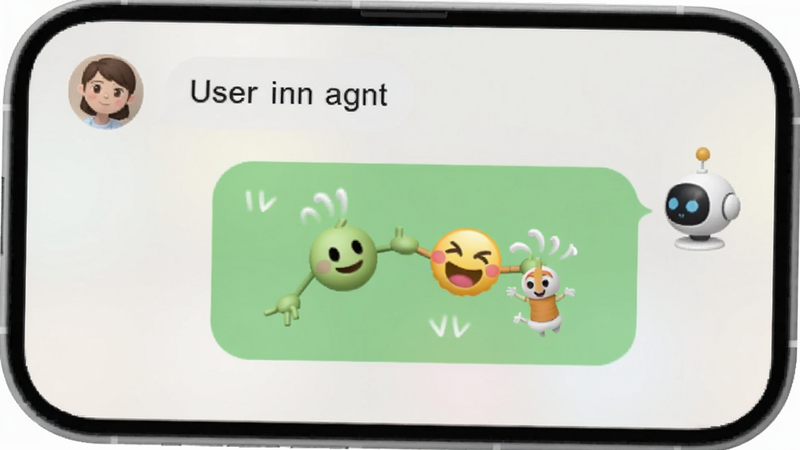 用户与AI人工智能Agent对话界面截图,手机屏幕上显示聊天窗口,用户输入文字气泡和机器人回复,机器人回复带表情和动画效果,背景为浅色磨砂玻璃质感,界面圆润柔和,整体风格亲切自然