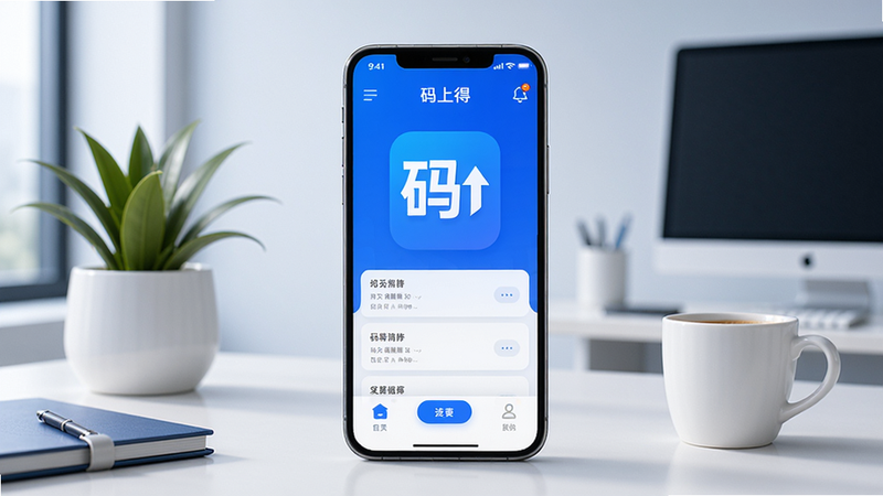 码上得APP主界面展示,画面中央是一部手机屏幕显示码上得首页,背景为现代简约办公室,书桌上有绿植和咖啡杯,色调以蓝白科技感为主,光线柔和,突出软件界面清晰易用,整体风格商务且亲和。