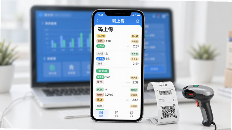 码上得智能订单管理界面截图,手机屏幕上显示订单列表,各种状态标签清晰,背景模糊处理突出界面,旁边有打印小票和扫码枪道具,整体画面明亮,强调高效与自动化。