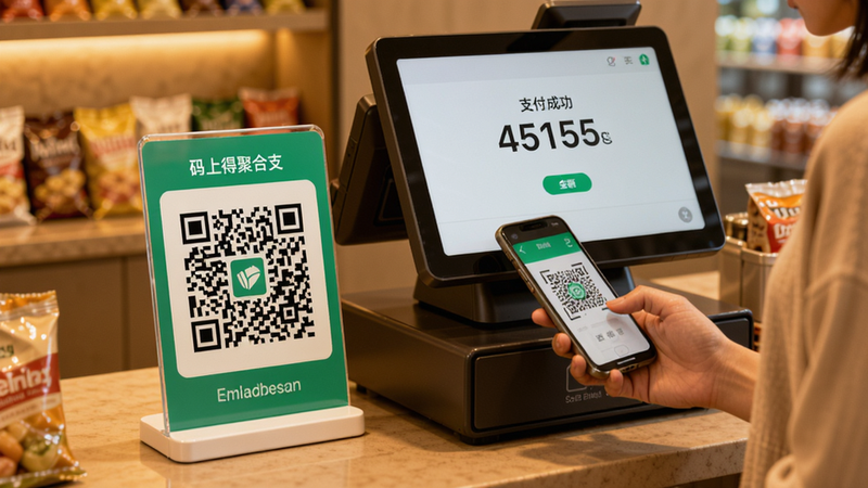 码上得聚合支付场景图,收银台上放置一个支付二维码立牌,顾客正在用手机扫码,背景是收银机屏幕显示支付成功金额,整体色调温暖,突出安全与便捷。