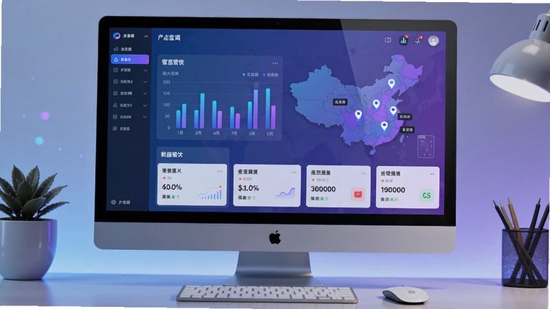 码上得多店管理后台界面,电脑屏幕显示多个门店的营收柱状图和数据卡片,背景有地图标注各分店位置,整体科技感强,色调蓝紫渐变,突出数据可视化。