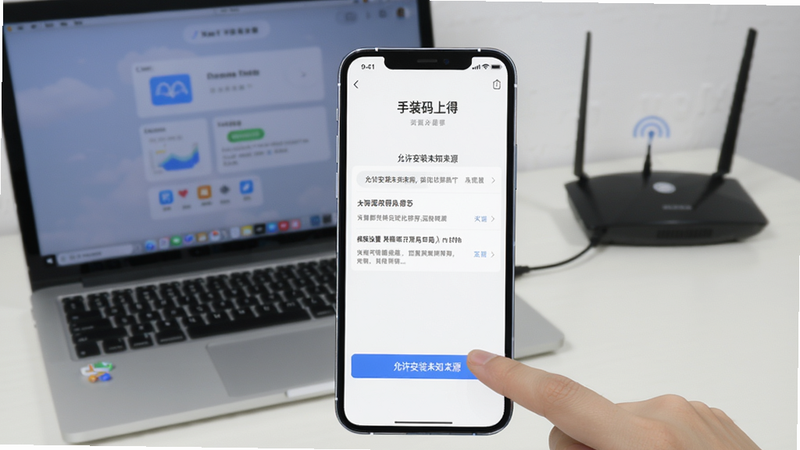 手机安装码上得步骤示意图,手机屏幕显示安装界面,手指正在点击“允许安装未知来源”,背景有电脑和路由器,强调联网和权限设置,画面简洁直观。