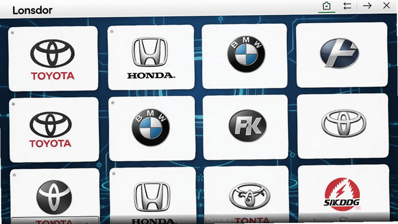 一幅展示Lonsdor车型选择界面的图片,列表中显示多个品牌logo,如Toyota、Honda、BMW等,背景为深蓝色科技感,软件界面清晰美观。