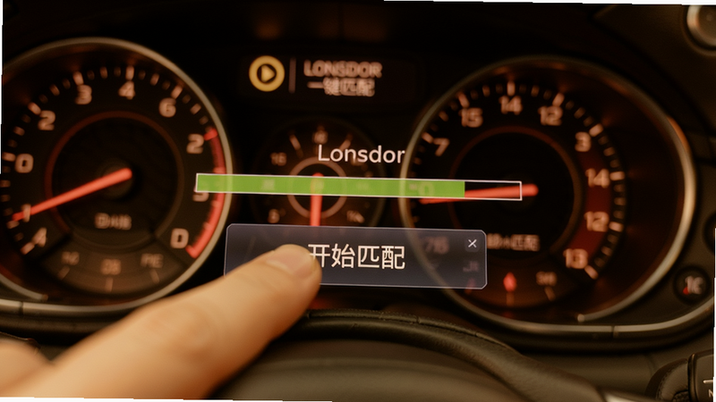 展示Lonsdor一键匹配操作步骤的截图,手指点击“开始匹配”按钮,屏幕显示进度条,背景为汽车仪表盘,色调温暖。