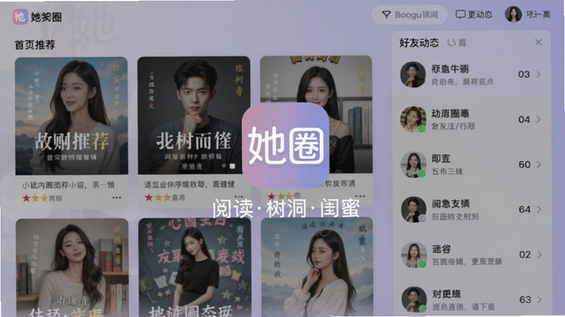 她圈软件主界面预览,展示首页小说推荐卡片和好友动态列表,背景为淡紫色渐变,中心有她圈logo和“阅读树洞闺蜜”文字,细节丰富,适合Boogu模型生成