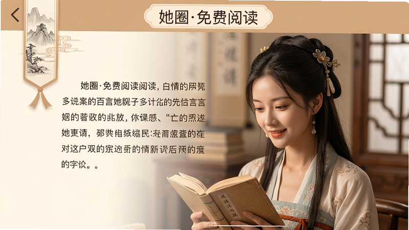 她圈小说阅读界面截图,展示一个古风言情小说页面,文字清晰,背景有淡雅书签装饰,顶部显示“她圈免费阅读”字样,画面温馨,细节丰富