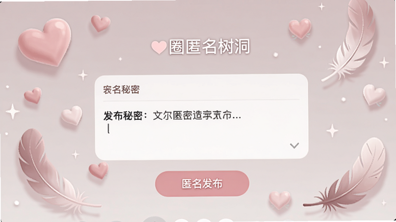 她圈匿名树洞界面,展示一个发布秘密的文本框,背景有粉色心形和羽毛装饰,有“匿名发布”按钮,界面简洁柔和,突出私密感