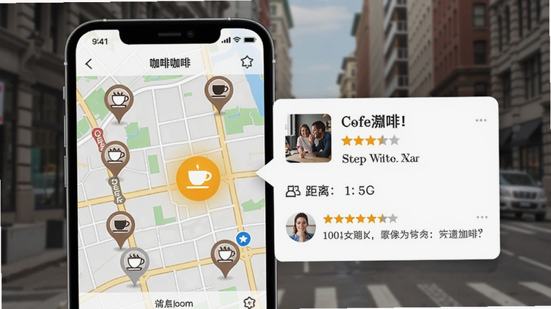 朋友咖啡地图功能界面,手机屏幕显示地图上标记着多个咖啡店图标,其中一家被点亮,旁边弹出店铺详情卡片,包含店铺名称、评分、距离和用户评价,背景是模糊的城市街景