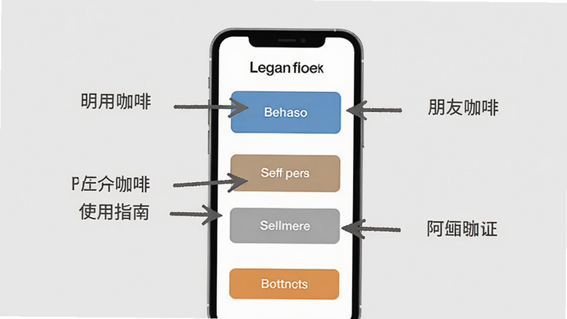 朋友咖啡使用指南示意图,手机屏幕展示主要功能分区,箭头标注各个按钮作用,背景为浅灰色,风格简洁明了