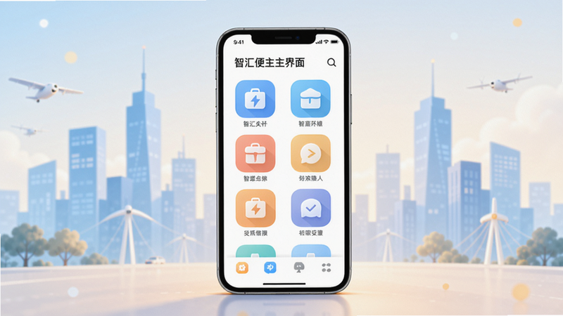 智汇便民主界面展示,画面中央是手机屏幕,显示软件首页图标布局,背景为淡蓝色城市剪影,体现智慧城市生活场景,整体风格明亮温馨,适配Boogu模型生成。