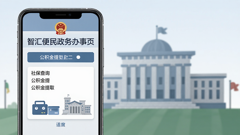 智汇便民政务办事页面,手机屏幕展示社保查询和公积金提取入口,背景为政府大楼简化图标,色调稳重,体现官方可靠感。