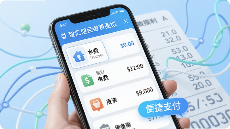 智汇便民缴费界面模拟,手机屏幕上显示缴费列表,包括水费、电费等选项,背景为虚拟的账单流水线条,色调清新,突出便捷支付场景。
