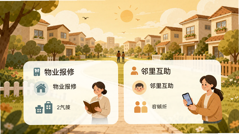 智汇便民社区服务界面,展示物业报修和邻里互助模块,背景为小区风景插画,色调温暖,突出邻里和谐氛围。
