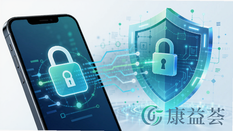 康益荟加密传输概念图,画面中一个手机屏幕上显示锁形图标与信息流线条,背景为抽象的网络安全盾牌,软件名称康益荟以水印形式置于右下角,色调以蓝绿为主,科技感强