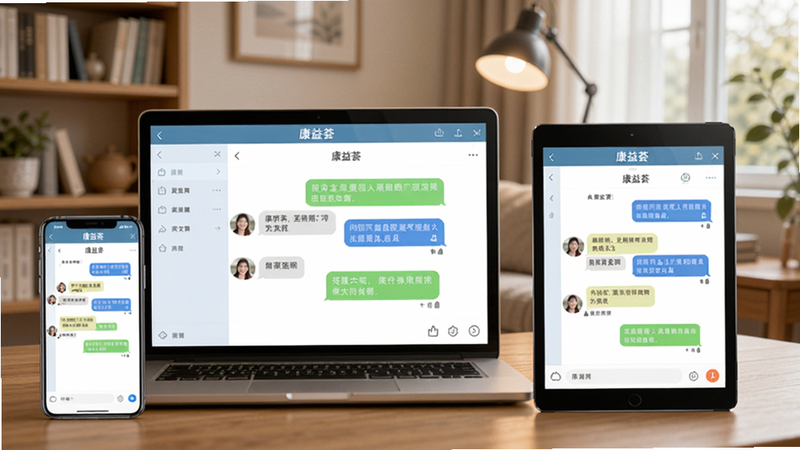 康益荟多端同步示意图,展示一部手机、一台笔记本电脑和一台平板电脑,屏幕上显示相同聊天界面,消息气泡颜色统一,背景为家庭书房场景,软件名称康益荟出现在设备屏幕顶部