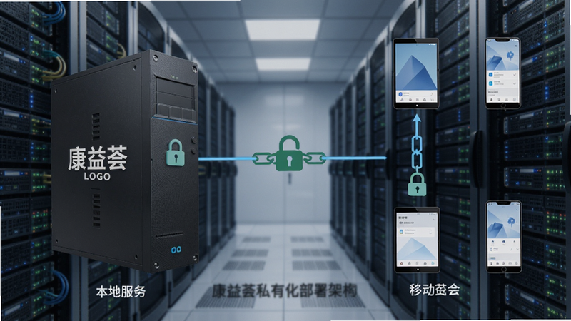 康益荟私有化部署架构图,展示一台本地服务器连接到多台移动设备,中间有加密链路标识,服务器上有康益荟LOGO,背景为数据中心机柜,色彩冷静专业