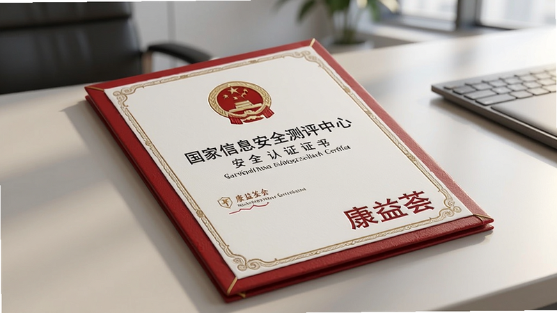 康益荟安全认证证书展示,画面中一张红色封面的安全认证证书,上面有国徽和“国家信息安全测评中心”字样,背景为办公桌,软件名称康益荟以浮雕形式出现在证书角落,光线柔和,真实感强