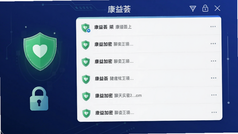 康益荟聊天主界面预览图,画面中央为聊天列表,左侧绿色盾牌图标,背景为深蓝色渐变,下方显示安全加密锁标志,整体风格简洁科技感,适配Boogu模型生成