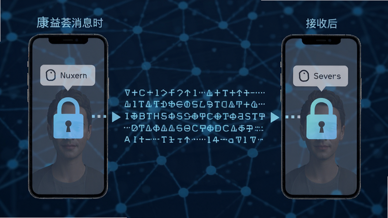 康益荟端到端加密示意图,左侧手机发送消息时显示加密锁图标,右侧手机接收后解锁,中间数据流为乱码符号,背景为网络节点图,突出安全传输过程