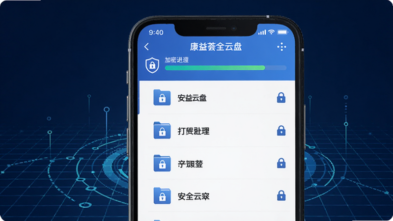 康益荟安全云盘界面,手机显示文件列表,每个文件旁有锁形图标,顶部有加密进度条,背景为科技蓝网格