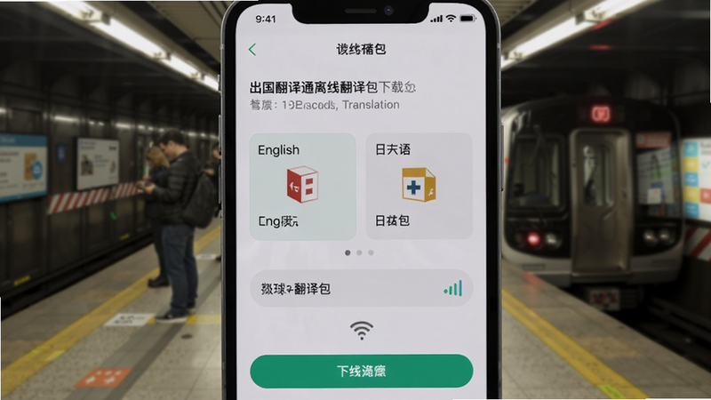 出国翻译通离线翻译包下载界面,显示已下载英语、日语包,信号图标显示无网络,但翻译功能正常使用,背景是地铁站。