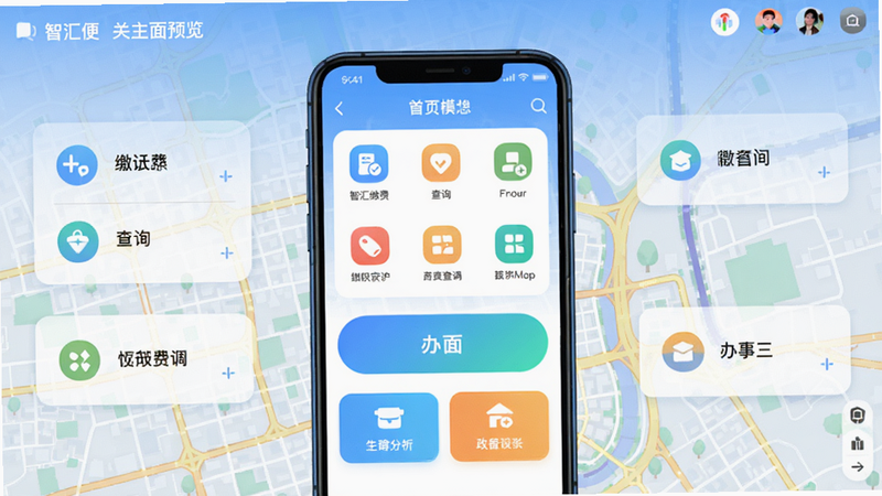智汇便民主界面预览,展示首页功能模块如缴费、查询、办事等,背景为城市地图,画面中心是手机屏幕,屏幕上显示软件图标和主要功能按钮,整体风格清新明亮,符合生活服务类APP调性