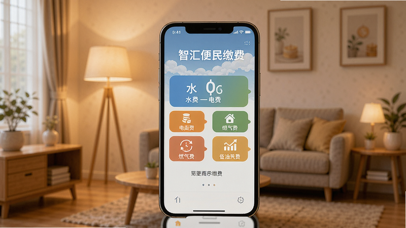 智汇便民缴费界面示意图,展示手机屏幕上水费、电费、燃气费等缴费选项,背景为简洁的室内场景,有灯光和家具,整体色调温馨,突出便捷缴费主题