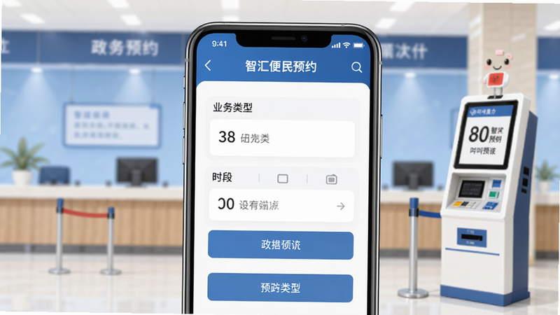 智汇便民政务预约功能截图,手机屏幕显示预约界面,选择业务类型和时段,背景为政务大厅的抽象图形,有排队叫号机元素,风格正式但不失亲和