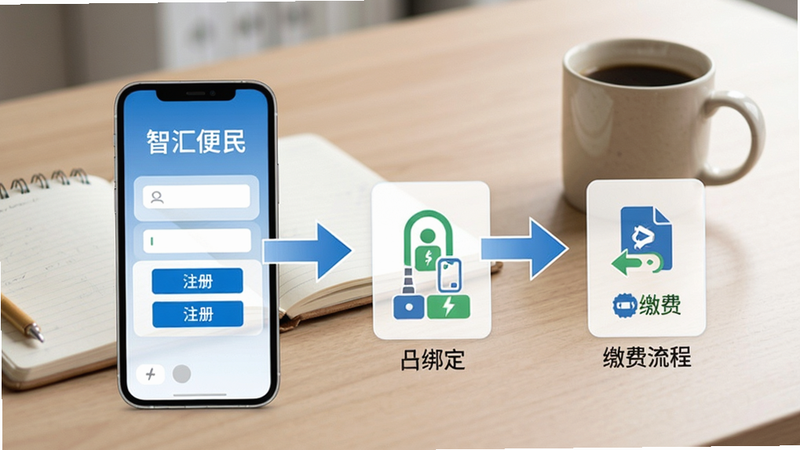 智汇便民使用教程示意图,展示用户操作步骤,如注册、绑定、缴费流程,手机屏幕上有箭头指示,背景为简约办公桌,配合笔记本和咖啡杯