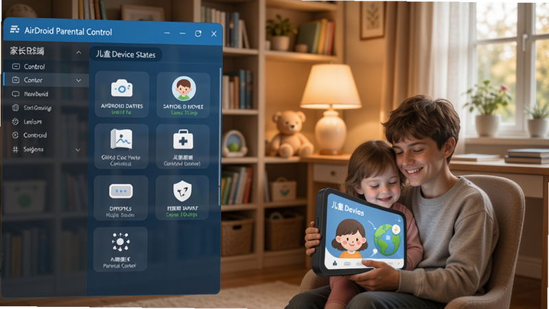 AirDroid Parental Control软件主界面截图,左侧显示家长端控制面板,右侧显示儿童设备状态,背景为家庭温馨书房场景,整体色调柔和,突出科技与亲子关怀的结合。