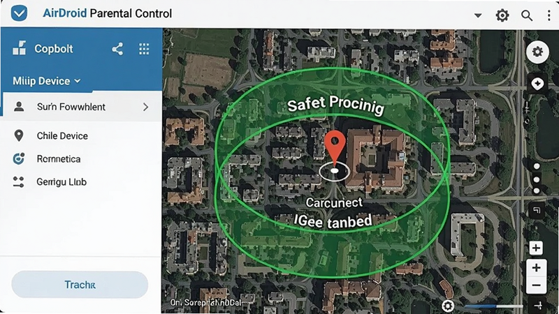 AirDroid Parental Control地图定位页面,显示儿童设备当前位置,周围有绿色安全围栏标记,背景为城市卫星地图,突出实时追踪与地理围栏功能。